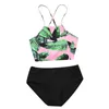 Toppband Tryckt Bikini Baddräkt Kvinnor Badkläder High Neck Set Beachwear Baddräkt Skjut upp vadderade Bodysuits 210629