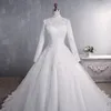 Abito da ballo musulmano Abiti da sposa Collo alto Maniche lunghe Appliques in pizzo Perline Corte dei treni Custom Made Arabo Islamico Moderno Tulle Abiti da sposa 2021 robe de mari￩e