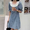 Nomikum Lace Ruffle Patchwork jeans vestidos para mulheres puff manga curta demin vestido causal coreano doce vestido de mujer 6g223 210427