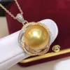 D801 pendentif perle bijoux fins 925 argent Sterling rond 13-14mm Nature eau douce perles dorées pendentifs colliers pour femmes