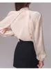 Llzacoosh koreanska två stycken uppsättningar kvinnor solid bowknot spets upp v na lykta ärmskjorta höga midja korta kontorsarbetet passar 210514