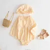 Outono Manga Longa Moda O-pescoço Macacão + Chapéu 1-3yrs Bebê Lace Romper Algodão Sólido Floral Princesa Infantil Roupas 210429