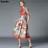 Banulin HOHE QUALITÄT Neueste Runway Designer Sommerkleid frauen Kurzarm Hemd Kragen Streifen Gedruckt Bogen Midi Kleid 210325