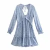 Vuwyv blauwe vintage luipaard print mini vrouw jurk zomer mode ruche geplooide feest vrouwen lange mouw terug open boog 210430