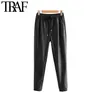 Trafik Kvinnor Faux PU Läderfickor Byxor Vintage Mode Elastisk Midja Drawstring Slips Ladies Ankelbyxor Pantaloner Mujer 211112