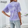 Mock Neck Tie Dye Rüschen T-shirt Frauen Mode Sommer Kurzarm Weibliche Tops Tees Oansatz Casual Slim Fit T-Shirt 210510