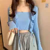 Womens Cardigan One Stuks Sets Gebreide Sweater Koreaanse kleding Lace Up Cardigans Dunne Slanke Crop Tops Pullover 211218