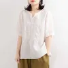 Été dames Vintage Simple couleur unie col en v broderie T-shirt à manches courtes ample grande taille gratuit 210527