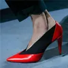 Fashion Elastic Cloth Patchwork Pointed Toe Pumps Woman Spike Heels Mixed Colors Leather Runway High Slip On Dress Shoes