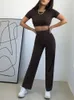 Pantalon deux pièces pour femmes, manches courtes, Style loisirs, Polyester, fil de couleur unie, ensemble pull confortable, été, 2021