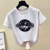 Coton Blanc Tshirt Femmes Tops Sequin Mode À Manches Courtes Vintage Femme T-shirt Casual T-shirt Noir Femme Été T07402B 210421