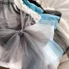 NEPLOE Koreański Moda Kobieta Koszulki Gaza Patchwork Lace Up Bow Koszulki Solid Color Krótki Tees Slim Fit Sweet Tops Kobiety 4H136 210422