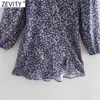 Zevity Kobiety Sexy Elastyczne V Neck Bow Mite Floral Print Casual Mini Dress Femme Długi Rękaw Hem Ruffles Vestido Tkaniny DS4697 210603