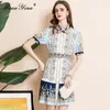 Mode Designer Summer Vintage Shirt Style Mini Dresses Kvinnors Avstängning Krage Sashes Blomstryck Kort Klänning 210524