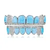 14K CZ Vampire Tands Grillz Iced Out Micro Pave Cubic Zirkon Blue Opal 8 Tooth Hip Hop Grill Top Bottom Mond Grills Set met Sili300D