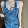 Wiosna Moda Sexy Kobiety Sling Crossover Halter Denim Kurtka + Spodnie Dwuczęściowe zestawy 210531