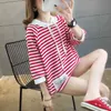Lucyever Moda Çizgili Kadın T Gömlek Saf Pamuk Kapşonlu Bahar Kore Artı Boyutu Tees Rahat O Boyun Gevşek Boy Bayanlar Top 210324