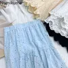 Nomikuma Kvinnor Sommar Kjolar Lace Cut Out Stretch High Waist A Line Midi Skirt Kvinnor Koreansk stil Chic Faldas Mujer 210514