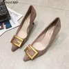Dress Shoes French Style High Heels 2021 Designer Pointed Toe Solid Flock Thin Pumps Elegant Metal Decoration Party Single