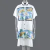 [EAM] Women Casual Printed Spliced Ruffles Shirt Dress Lapel Short Sleeve Loose Fit Fashion Spring Summer 1DD8542 210512