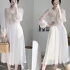 Femmes Printemps Robe Vintage Élégant avec Bouton A-ligne Solide Manches Bouffantes Dentelle Voile Maille Vestidos 8126 210508