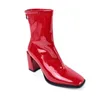 أحذية النساء و العجل عالية أسود أحمر براءات الاختراع الجلود الغربية مثير كعب مربع السيدات الشتاء سستة تصميم قصيرة