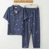 Mäns pajama set vår sommar bekväma män sleepwear kortärmad bomull pyjamas män elastisk midja byxa fritid outwear 210812