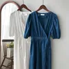 Summer Puff Sleeve Blue White Dress Women's Korean Retro High Waist Hepburn V-neck Shirt 210607