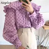 Söt nedskrivningskrogram Fungus Patchwork Shirts Chic Drawstring Puff Sleeve Kvinnor Blus Candy Color Polka Dot Blusas 210422