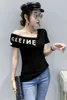 韓国風の夏オフ肩Tシャツ女性半袖印刷スリムTシャツトップス女性Tシャツ大型210507