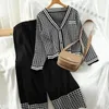 Koreanska chic houndstooth stickade kostym kvinnor mode lösa stickade cardigan toppar + spliced ​​wide-ben byxor två stycken set avslappnad outfit kvinnors tra