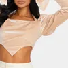 Moda Veludo Sprufante Sleeve Sexy Halter Crop Top Square Collar Longo Lace Lace Up Short Irregular personalizado T-shirt 210517