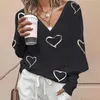 Frauen Mode Casual Langarm Tops Bluse Feamle Herz Form Print V-ausschnitt Sweatshirt Tops 210716