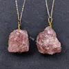 Natural Rough Strawberry Quartz Crystal Pendant Handmade Healing Reiki Chakra Gold Plated Wire Wrapped Raw Irregular Mineral Semi Precious Gemstone Necklace