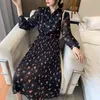 Women's Chiffon Dress With Lining Spring Autumn Long Sleeve Elastic Waist Bow Single Breasted Pleated Dresses Female Vestidos 210514