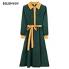 Femmes vert rétro automne hiver robes femme velours côtelé Vintage Patchwork genou longueur bureau dame robes Chic élégant Vestidos 210319