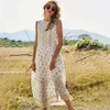 Fashion white print Ruffles Sleeveleaa long beach Dress female ladies Button maxi dresses for womens boho vintage dress 210508