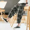 Dropshipping masculino sweatpants corredores outono japonês mens xadrez linven lened sweatpants homens sólido harajuku streetwear harem calças y0927