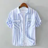 Striped Hemp Shirts for Men Summer Fashion 100%Cotton Short Sleeve Casual Safari Style Tops Male Korean Clothes 210601