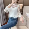 Coreano Crochet Lace Mulheres Florais Tops e Blouas Manga Longa Chiffon Branco Camisas Para Arco Casual Blusas Primavera 13514 210512