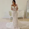 Sheer O-cou sirène robes de mariée 2022 modeste dentelle florale à manches longues dos nu bohème queue de poisson robe de mariée abito sposa boho