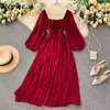 NEPLOE CHIC PLATED Slim Waist Drawstring Dresss Women Höst Square Collar Chiffon Dress Fashion Puff Sleeve Vestidos 210423