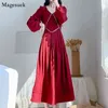 Vinatge Puff Sleeve Pleated V-neck Long Dress Women Elegant Party Club Red Female A-line Midi Casual es Vestido 12911 210512