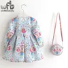 2–8 Jahre Kleid + Tasche/Set, Kleid mit Leinendruck für Babys, Sommer, Frühling, Herbst, langärmelig, Prinzessin, blauer Hintergrund, Palaststil, Q0716