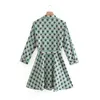 Za Print Belt Green Mini Dress Women Vintage Long Sleeve Shirt Dresses Woman Fashion Front Button Summer Vestidos 210602