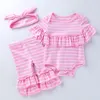 Set di vestiti autunnali per bambina carina 0-24 mesi Neonato Designer Rosa Stripe Ruffle Pagliaccetto Tute in cotone + Pantaloni + Fascia per capelli = 3 pezzi / set