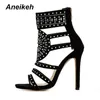 Aneikeh kvinnor mode öppen tå rhinestone design högklackande sandaler kristall ankel wrap glitter diamant gladiator svart storlek 35-42 k78