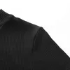 Женская футболка повседневная партия клуб черный сетка лоскутное верхнее короткое рукав сексуальные дамы ясных высокой шеи полые уличные 210522