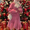 Misschien u vrouwen roze wollen o-hals single-breasted jas pocket ruche asymmetrische lange mouw lange jas met sjaal winter C0405 210529