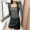 Zevity Women Vintage Organza Strap Patchwork Geometric Short Chic Strikkad T Shirt Ladies Slash Neck Casual Slim Crop Tops LS7553 210603